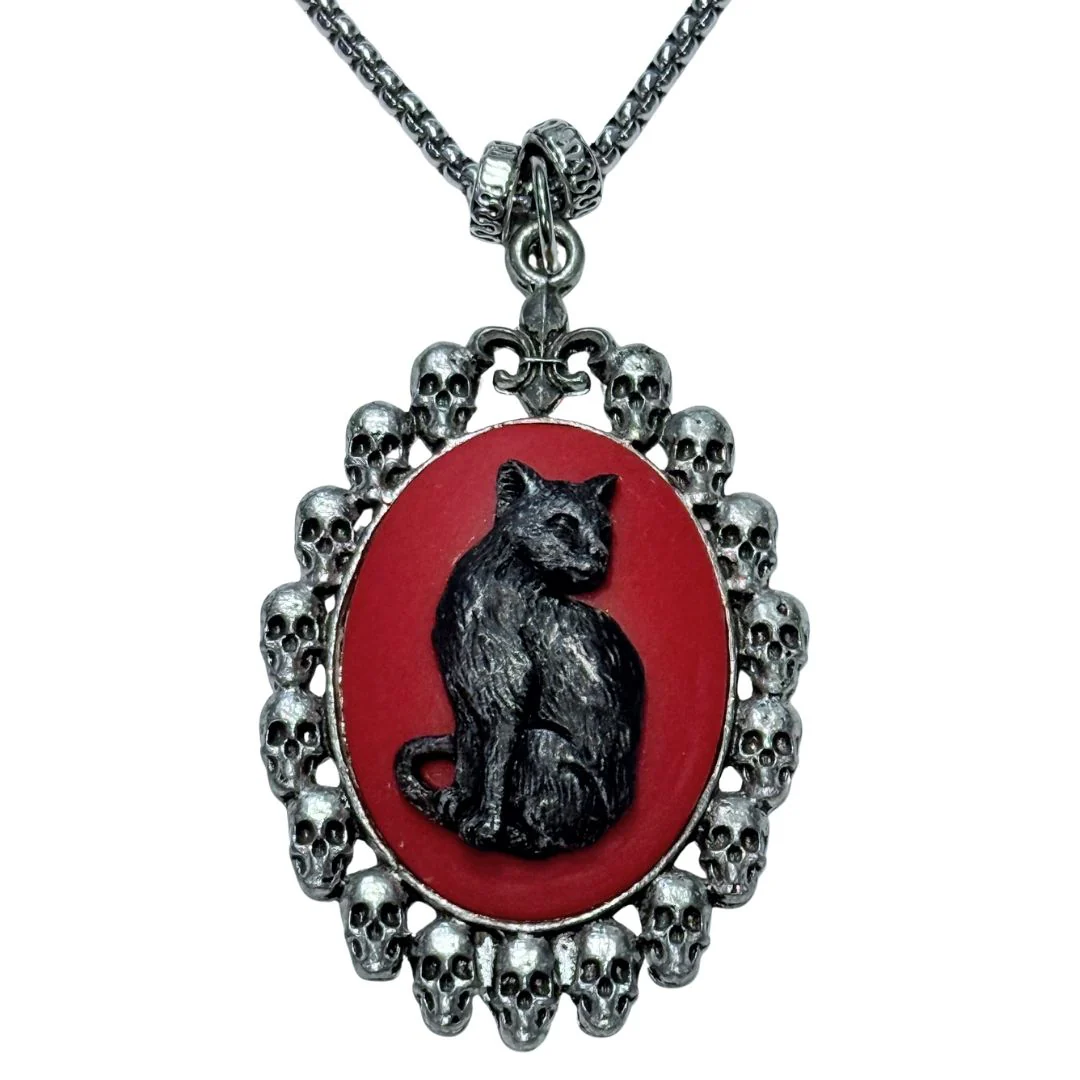 Black Cat in Skull Frame Steel Chain Necklace - Image 2