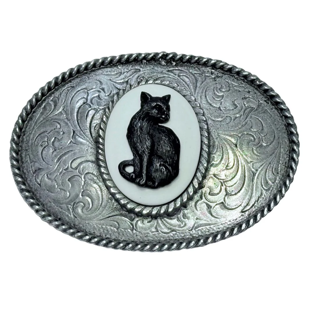 Black Cat Ornate Oval Belt Buckle
