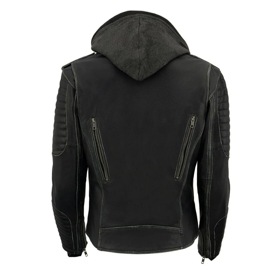 Black Ember Womens Leather Jacket With Removable Hoodie - Image 3