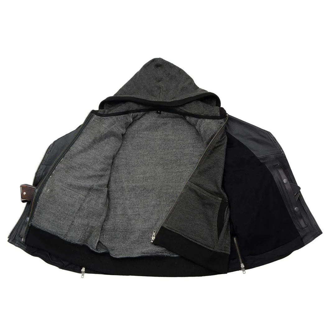 Black Ember Womens Leather Jacket With Removable Hoodie - Image 5