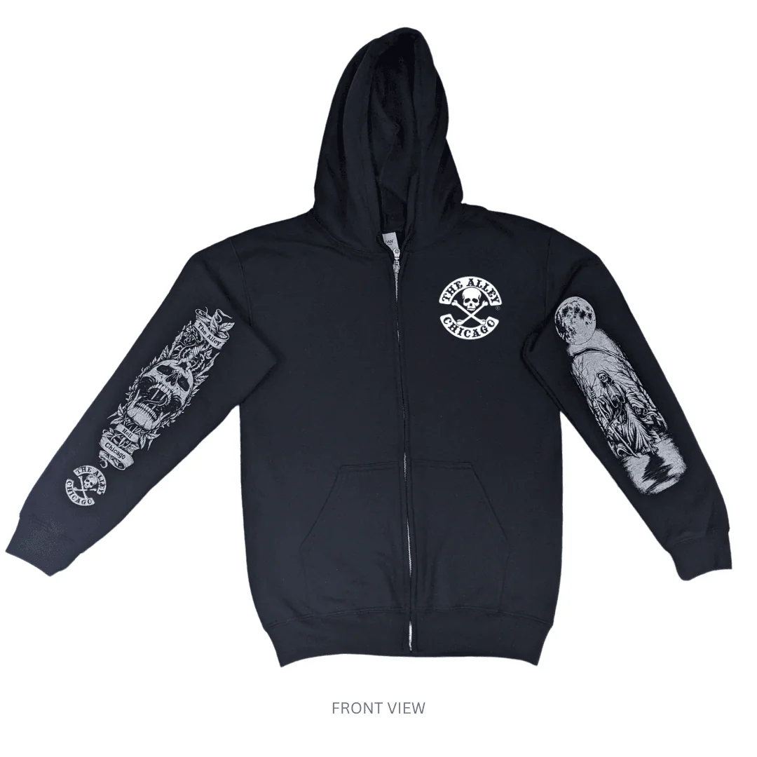 Pink Horror Skull Zip Up Hoodie with Printed Sleeves - Image 2