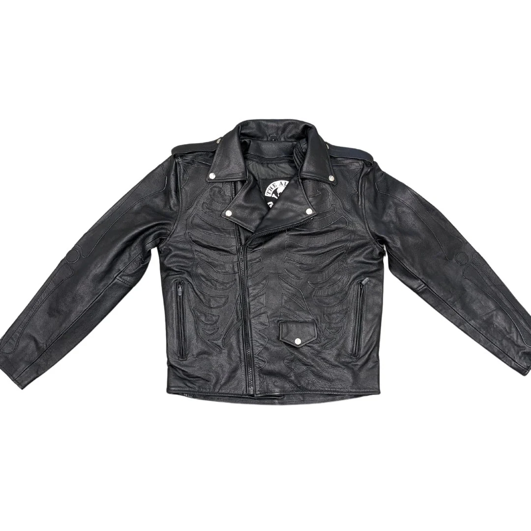 Skeleton Bones Black on Black Classic Style Leather Jacket - Image 5