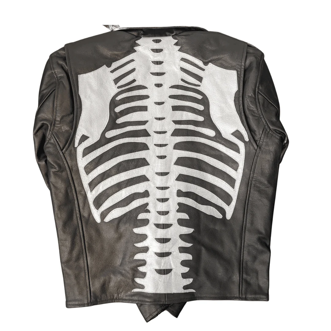 Skeleton Bones Silver on Black Classic Style Leather Jacket - Image 2