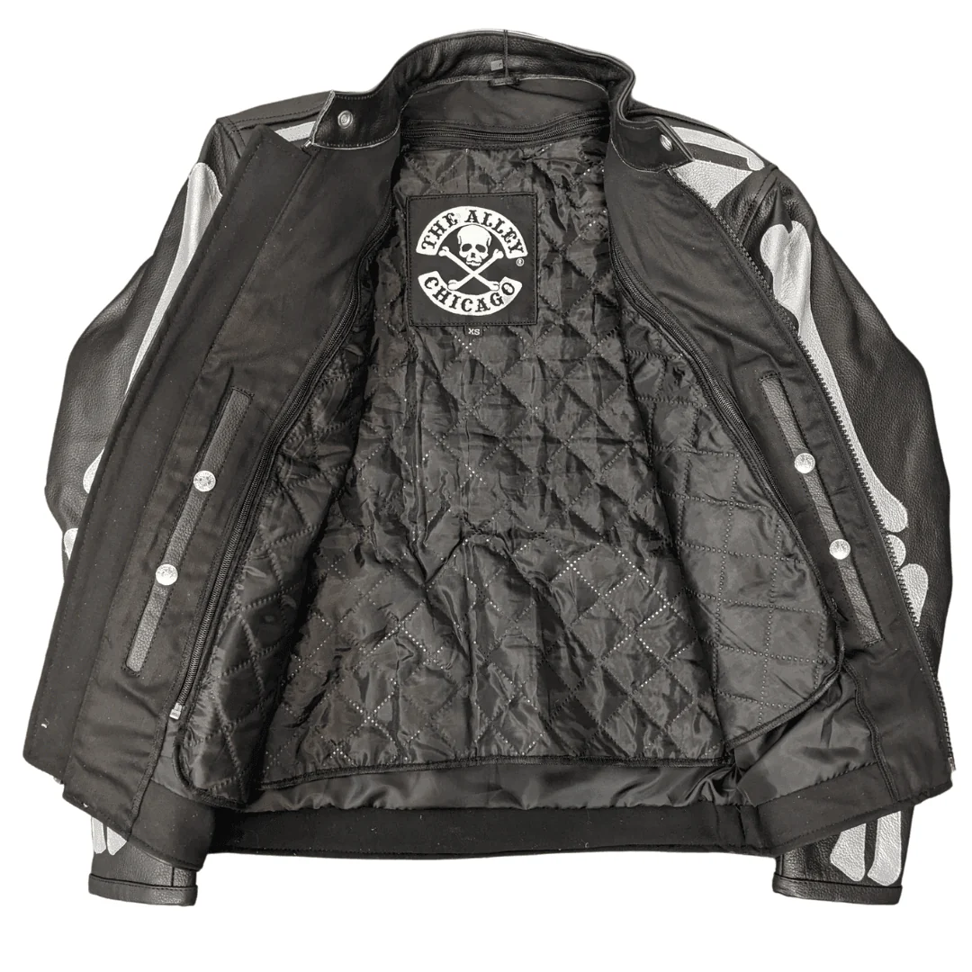 Skeleton Bones Silver on Black Leather Jacket - Image 2