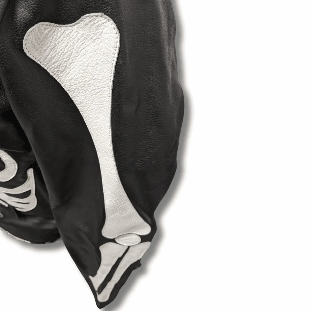 Skeleton Bones White on Black Classic Style Leather Jacket - Image 5