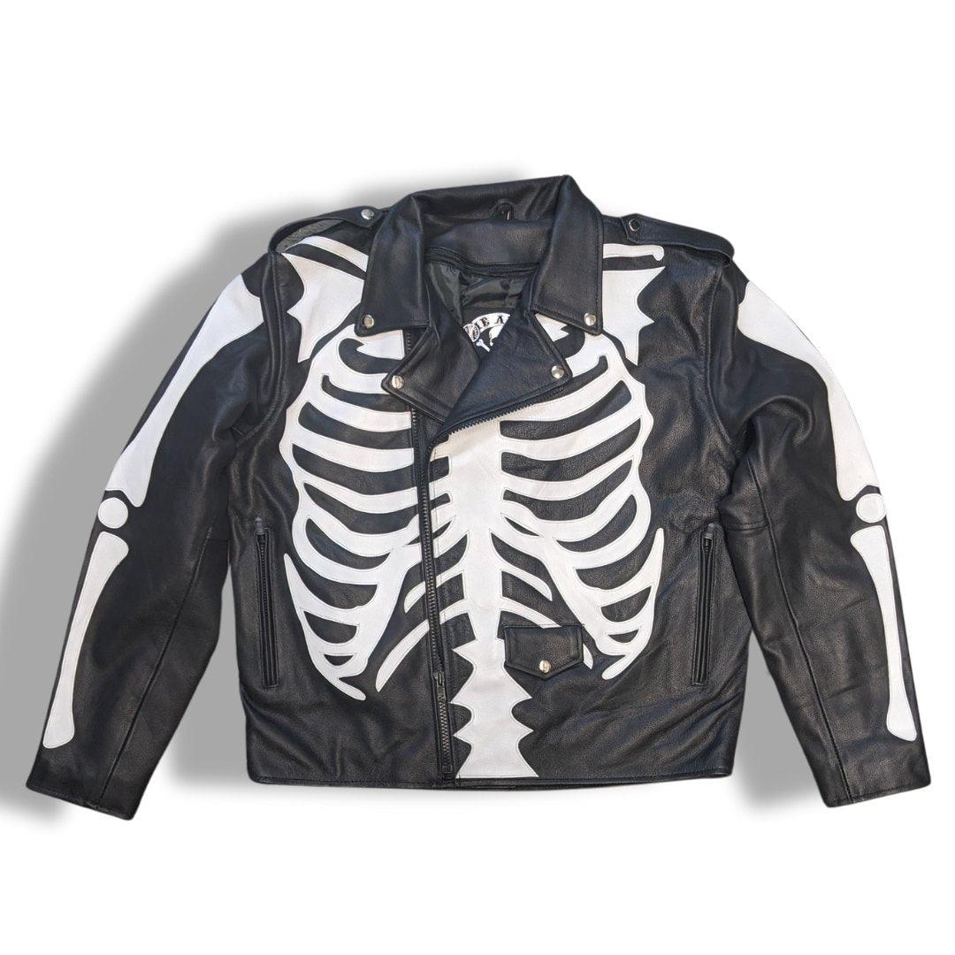 Skeleton Bones White on Black Classic Style Leather Jacket - Image 6