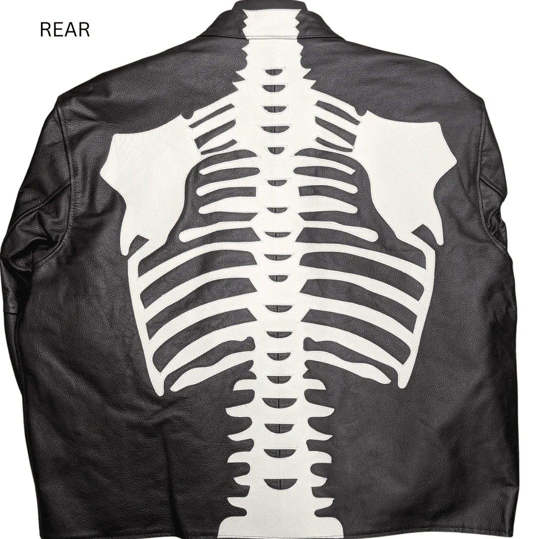Vintage Skeleton Bones White on Black Leather Jacket - Image 3