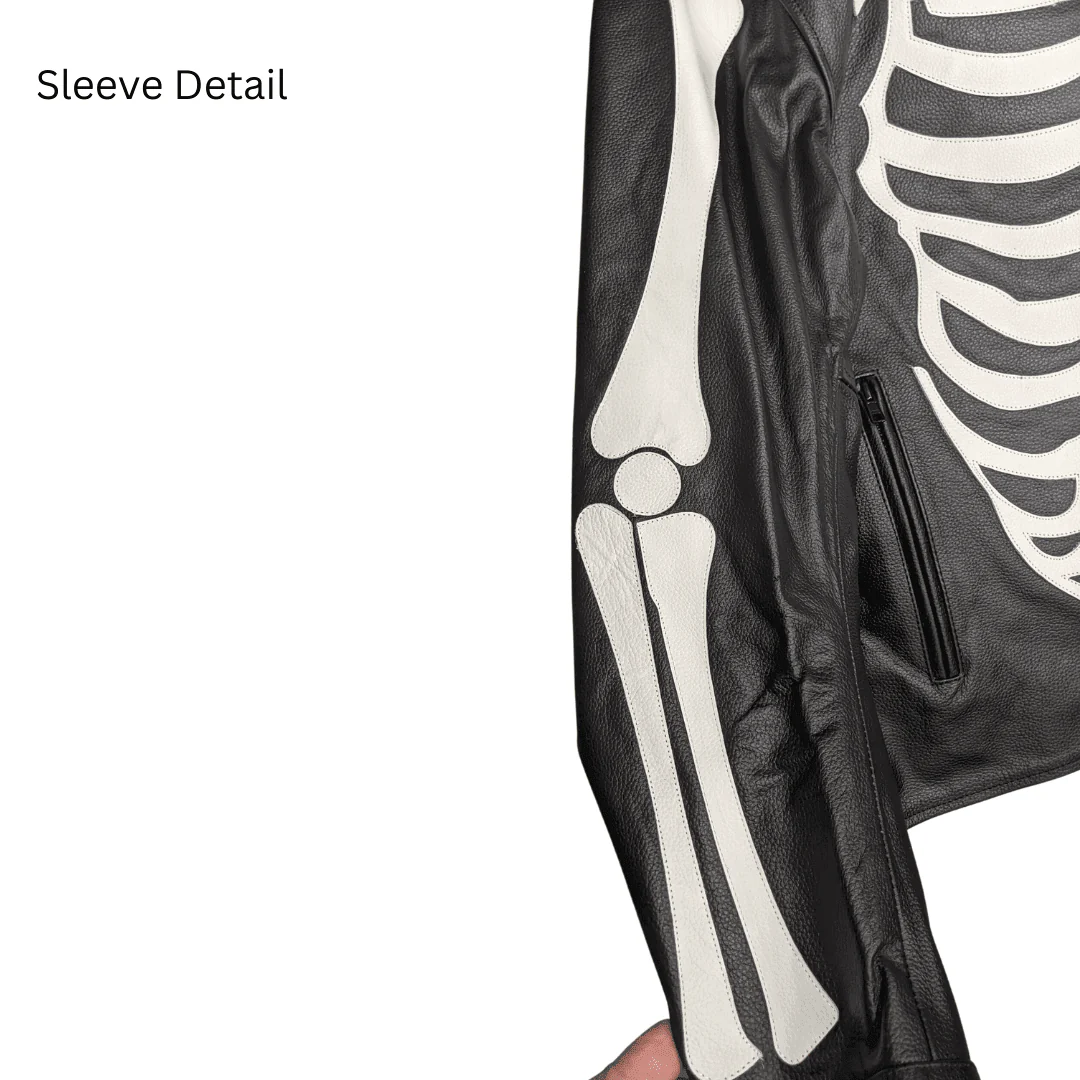 Vintage Skeleton Bones White on Black Leather Jacket - Image 4