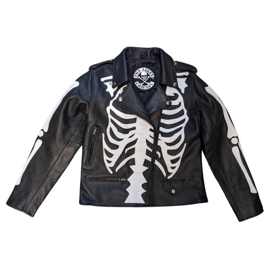 Womens White Skeleton Bones Classic Motorcycle Jacket - Image 3